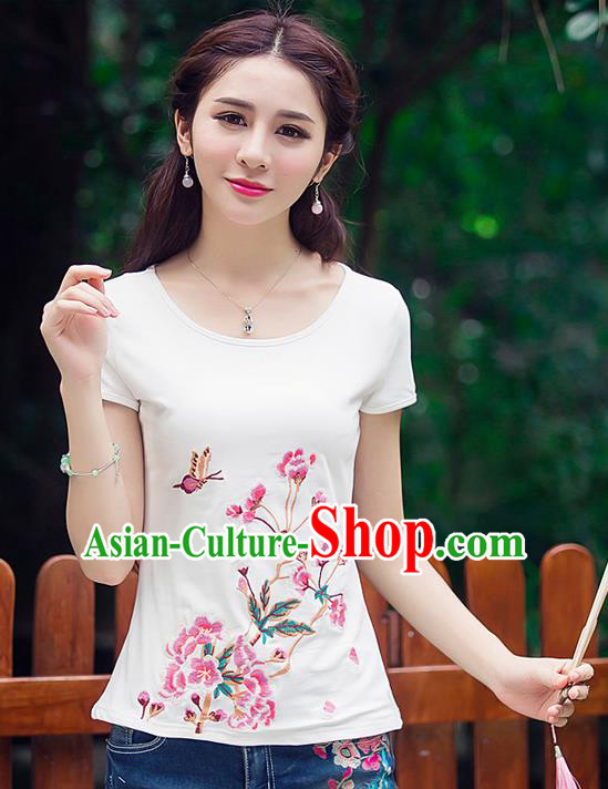 Traditional Ancient Chinese National Costume, Elegant Hanfu Round Collar Embroidery Flowers Butterfly White Shirt, China Tang Suit Blouse Cheongsam Upper Outer Garment Qipao Shirts Clothing for Women