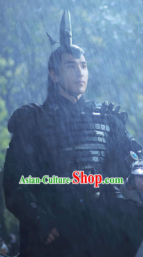 Traditional Ancient Chinese Elegant Swordsman Black Costume, Chinese Han Dynasty Male Prince Corselet Robe, Cosplay Ten Great III of Peach Blossom Nobility Childe Ye hua Chinese Imperial Crown Prince Hanfu Armour Clothing for Men