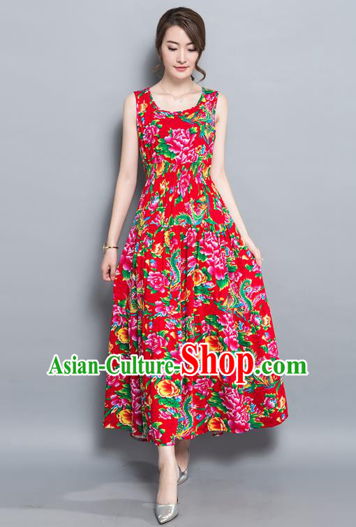 Traditional Ancient Chinese National Costume, Elegant Hanfu North East Style Peony Flowers Dress, China Tang Suit Sleeveless Vest Long Skirt Upper Outer Garment Elegant Red Dress Clothing for Women