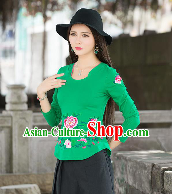 Traditional Ancient Chinese National Costume, Elegant Hanfu Embroidery Peony Flowers T-Shirt, China Tang Suit Blouse Cheongsam Upper Outer Garment Green T-Shirts Clothing for Women