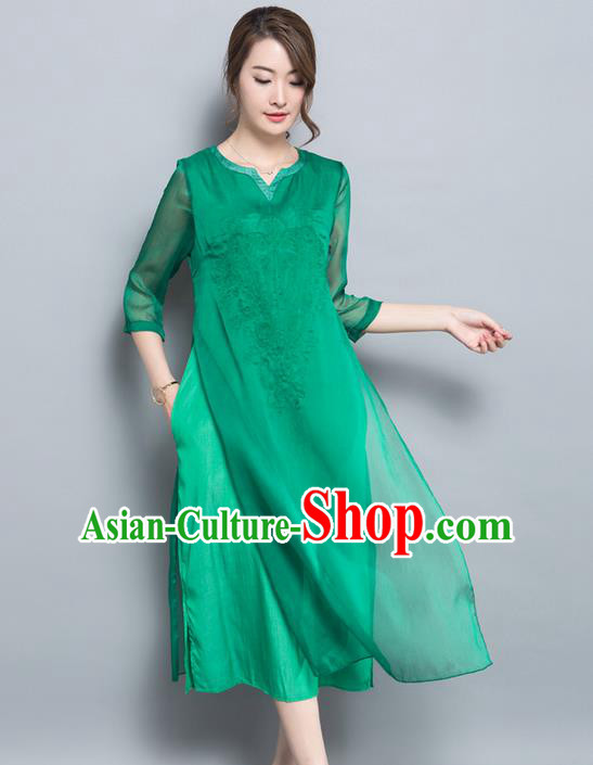 Traditional Ancient Chinese National Costume, Elegant Hanfu Qipao Embroidered Chiffon Dress, China Tang Suit Cheongsam Upper Outer Garment Elegant Green Dress Clothing for Women