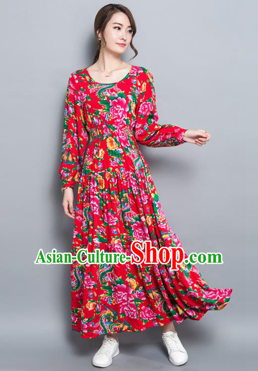 Traditional Ancient Chinese National Costume, Elegant Hanfu North East Style Peony Flowers Dress, China Tang Suit Long Sleeve Skirt Upper Outer Garment Elegant Red Dress Clothing for Women