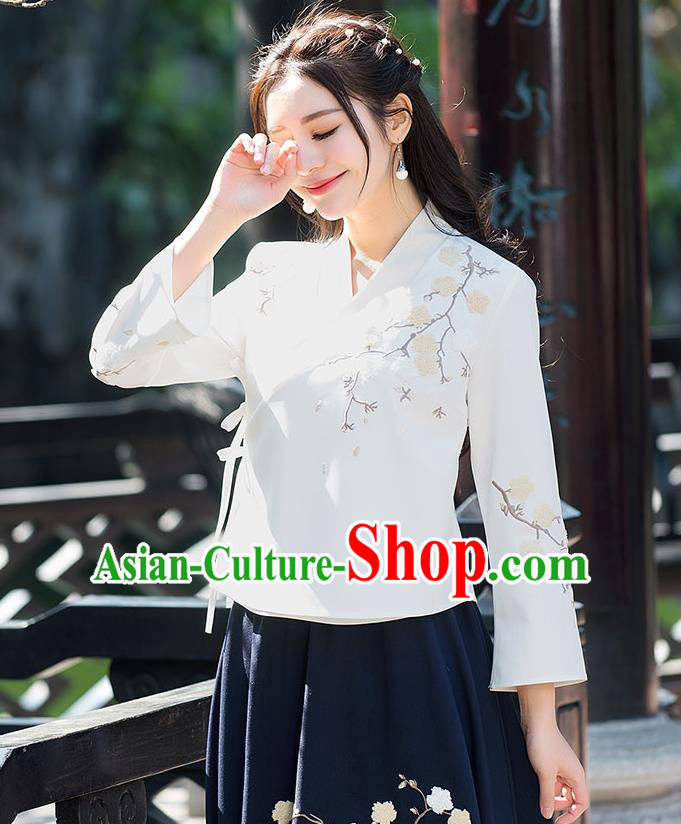 Traditional Ancient Chinese National Costume, Elegant Hanfu Beige T-Shirt, China Tang Suit Embroidered Blouse Cheongsam Qipao Shirts Clothing for Women