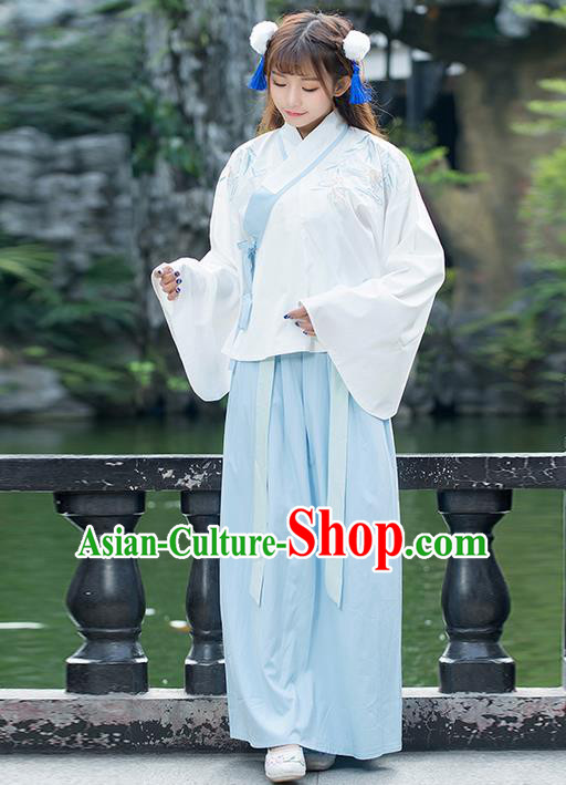 Traditional Chinese Ancient Costume, Elegant Hanfu Clothing Embroidered Sleeve Placket Blouse and Dress, China Ming Dynasty Elegant Blue Blouse and Skirt Complete Set for Women