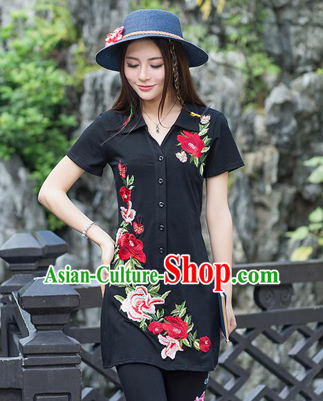 Traditional Ancient Chinese National Costume, Elegant Hanfu Embroidered Peony Flowers Black Long T-Shirt, China Tang Suit Blouse Cheongsam Qipao Shirts Clothing for Women