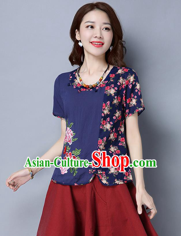 Traditional Chinese National Costume, Elegant Hanfu Multicolor Round Collar T-Shirt, China Tang Suit Navy Blouse Cheongsam Qipao Shirts Clothing for Women