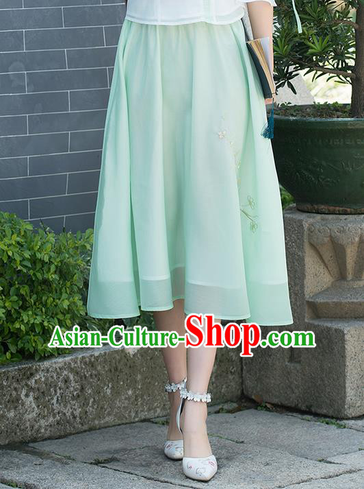 Traditional Ancient Chinese National Pleated Skirt Costume, Elegant Hanfu Embroidered Chiffon Green Dress, China Tang Suit Bust Skirt for Women