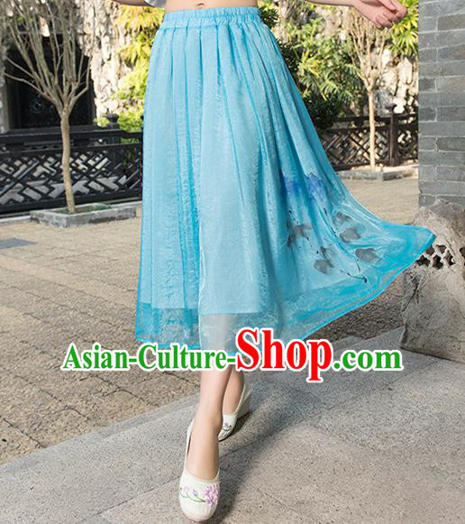 Traditional Ancient Chinese National Pleated Skirt Costume, Elegant Hanfu Ink Printing Chiffon Blue Dress, China Tang Suit Bust Skirt for Women