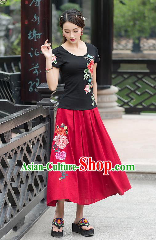 Traditional Ancient Chinese National Costume, Elegant Hanfu Embroidered Peony Black T-Shirt, China Tang Suit Blouse Cheongsam Qipao Shirts Clothing for Women
