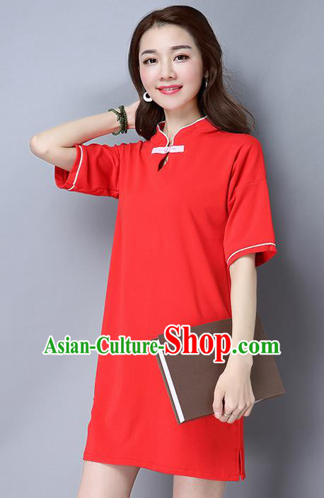 Traditional Ancient Chinese National Costume, Elegant Hanfu Mandarin Collar Qipao Embroidered Red Dress, China Tang Suit Cheongsam Upper Outer Garment Elegant Dress Clothing for Women