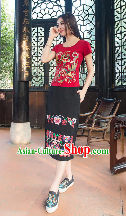 Traditional Chinese National Costume, Elegant Hanfu Embroidery Phoenix Totem Red T-Shirt, China Tang Suit Blouse Cheongsam Upper Outer Garment Qipao Shirts Clothing for Women