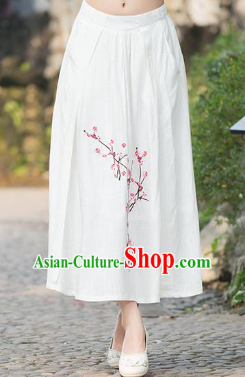 Traditional Ancient Chinese National Costume Pleated Skirt, Elegant Hanfu Embroidered Plum Blossom Linen White Dress, China Tang Suit Bust Skirt for Women