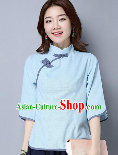 Traditional Ancient Chinese National Costume, Elegant Hanfu Slant Opening Blue Shirt, China Tang Suit Mandarin Collar Blouse Cheongsam Qipao Shirts Clothing for Women