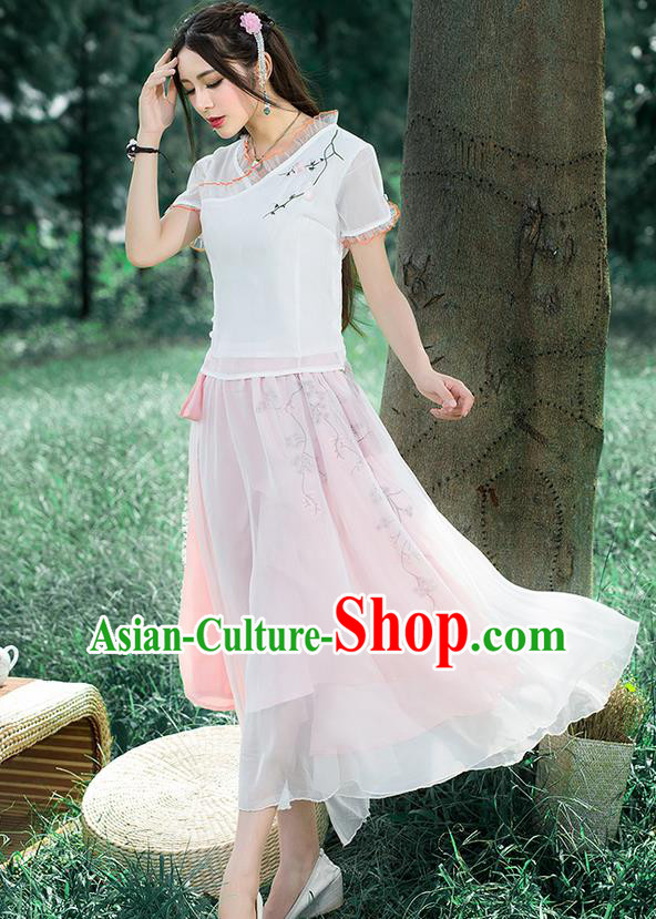 Traditional Ancient Chinese National Pleated Skirt Costume, Elegant Hanfu Embroidered Waistband Long Dress, China Tang Suit Pink Bust Skirt for Women