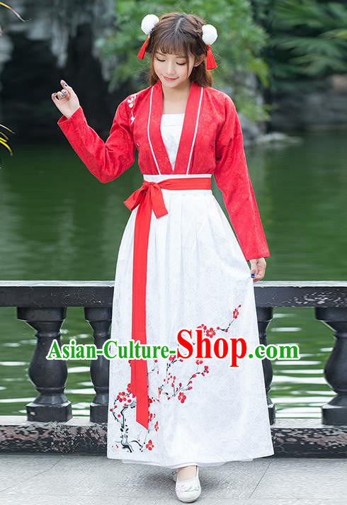 Traditional Ancient Chinese Costume, Elegant Hanfu Clothing Embroidered Peach Flower Blouse and Dress, China Ming Dynasty Elegant Red Blouse and Skirt Complete Set for Women