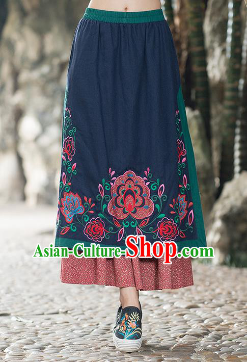 Traditional Ancient Chinese National Pleated Skirt Costume, Elegant Hanfu Embroidered Long Half Dress, China Tang Suit Navy Bust Skirt for Women