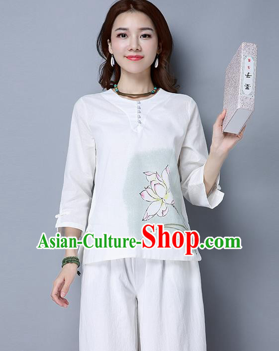 Traditional Chinese National Costume, Elegant Hanfu Painting Lotus T-Shirt, China Tang Suit Blouse Cheongsam Qipao Shirts Clothing for Women
