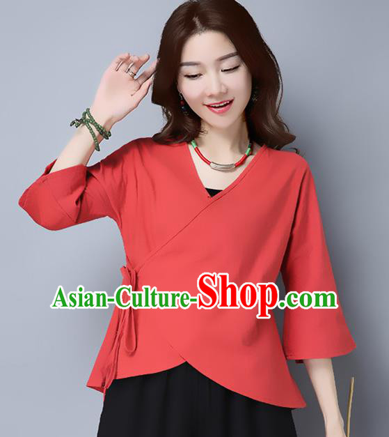 Traditional Chinese National Costume, Elegant Hanfu Slant Opening Red T-Shirt, China Tang Suit Blouse Cheongsam Qipao Shirts Clothing for Women