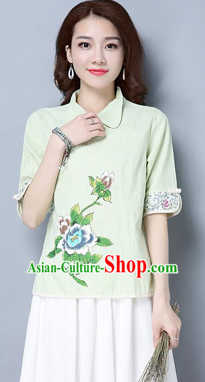 Traditional Ancient Chinese National Costume, Elegant Hanfu Linen Printing T-Shirt, China Tang Suit Blouse Cheongsam Qipao Shirts Clothing for Women