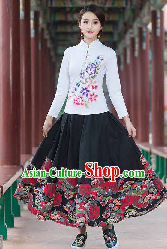 Traditional Chinese National Costume, Elegant Hanfu Embroidery Flowers Stand Collar White T-Shirt, China Tang Suit Plated Buttons Blouse Cheongsam Upper Outer Garment Qipao Shirts Clothing for Women