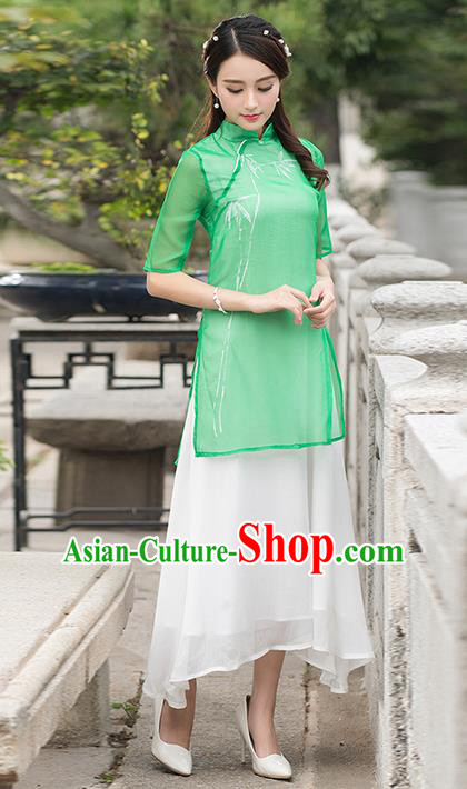 Traditional Ancient Chinese National Costume, Elegant Hanfu Mandarin Qipao Double-deck Dress, China Tang Suit Green Cheongsam Upper Outer Garment Elegant Dress Clothing for Women