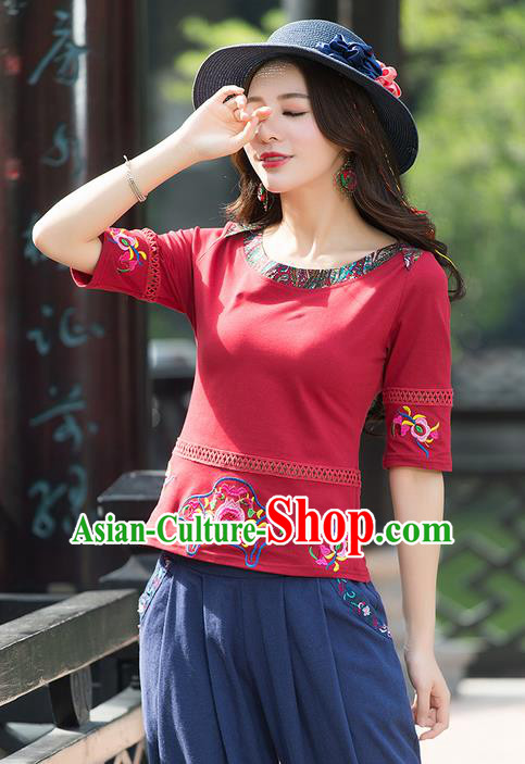 Traditional Chinese National Costume, Elegant Hanfu Embroidery Flowers Red T-Shirt, China National Minority Tang Suit Blouse Cheongsam Upper Outer Garment Qipao Shirts Clothing for Women
