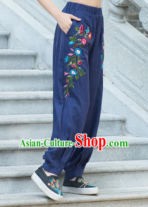 Traditional Chinese National Costume Plus Fours, Elegant Hanfu Embroidered Navy Bloomers, China Ethnic Minorities Tang Suit Pantalettes for Women