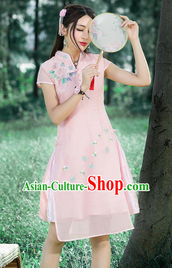 Traditional Ancient Chinese National Costume, Elegant Hanfu Mandarin Qipao Embroidered Pink Stand Collar Dress, China Tang Suit Plated Buttons Cheongsam Upper Outer Garment Elegant Dress Clothing for Women