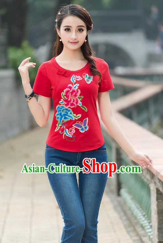 Traditional Chinese National Costume, Elegant Hanfu Embroidery Flowers Round Collar Red T-Shirt, China Tang Suit Plated Buttons Blouse Cheongsam Upper Outer Garment Shirts Clothing for Women