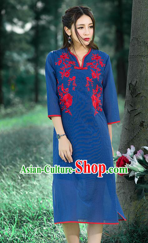 Traditional Ancient Chinese National Costume, Elegant Hanfu Mandarin Qipao Linen Embroidered Chirpaur Blue Dress, China Tang Suit Cheongsam Upper Outer Garment Elegant Dress Clothing for Women