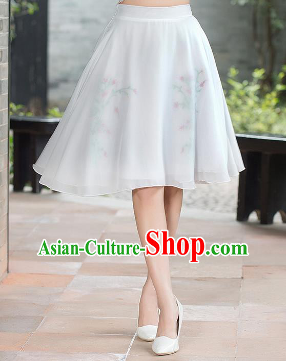 Traditional Ancient Chinese National Pleated Skirt Costume, Elegant Hanfu Embroidered Chiffon Short Dress, China Tang Suit White Bust Skirt for Women