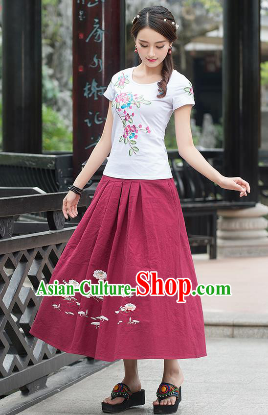 Traditional Ancient Chinese National Pleated Skirt Costume, Elegant Hanfu Embroidered Linen Long Red Dress, China Tang Suit Bust Skirt for Women