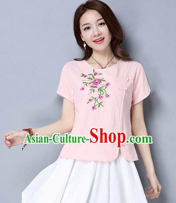 Traditional Chinese National Costume, Elegant Hanfu Embroidery Flowers Slant Opening Pink T-Shirt, China Tang Suit Republic of China Plated Buttons Blouse Cheongsam Upper Outer Garment Qipao Shirts Clothing for Women