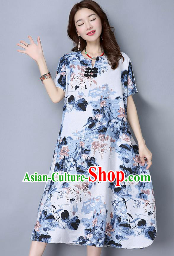 Traditional Ancient Chinese National Costume, Elegant Hanfu Mandarin Qipao Linen Ink Painting Blue Dress, China Tang Suit Republic of China Cheongsam Upper Outer Garment Elegant Dress Clothing for Women