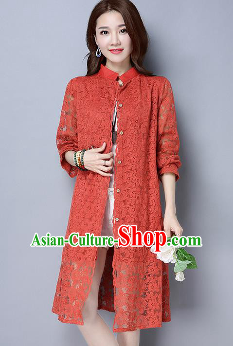 Traditional Ancient Chinese National Costume, Elegant Hanfu Lace Red Coat, China Tang Suit Upper Outer Garment Dust Coat Cloak Clothing for Women
