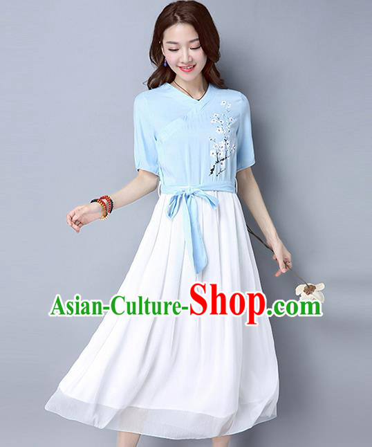 Traditional Ancient Chinese National Costume, Elegant Hanfu Embroidery Blue Dress, China Tang Suit Republic of China Upper Outer Garment Elegant Dress Clothing for Women