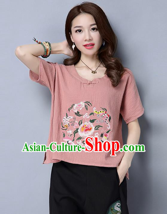 Traditional Chinese National Costume, Elegant Hanfu Embroidery Flowers Pink T-Shirt, China Tang Suit Republic of China Plated Buttons Blouse Cheongsam Upper Outer Garment Qipao Shirts Clothing for Women