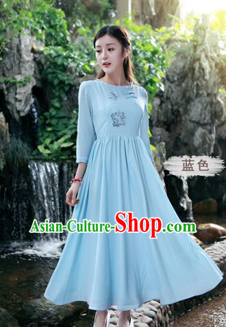 Traditional Ancient Chinese National Costume, Elegant Hanfu Linen Embroidery Blue Dress, China Tang Suit Chirpaur Republic of China Cheongsam Upper Outer Garment Elegant Dress Clothing for Women
