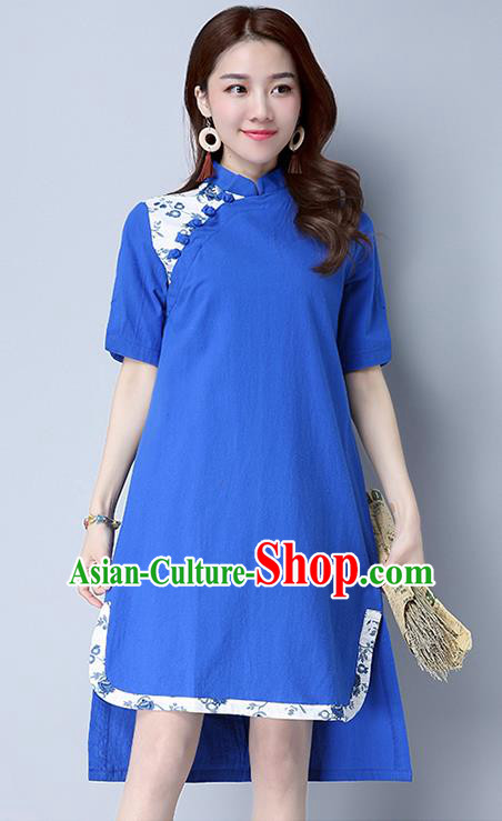 Traditional Ancient Chinese National Costume, Elegant Hanfu Mandarin Qipao Linen Blue Dress, China Tang Suit Chirpaur Cheongsam Upper Outer Garment Elegant Dress Clothing for Women