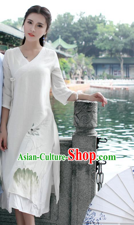 Traditional Ancient Chinese National Costume, Elegant Hanfu Mandarin Qipao Linen Painting Lotus White Dress, China Tang Suit Chirpaur Republic of China Cheongsam Upper Outer Garment Elegant Dress Clothing for Women