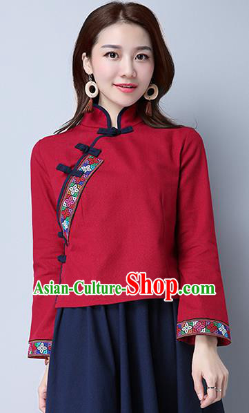Traditional Chinese National Costume, Elegant Hanfu Embroidery Cross-Stitch Red Shirt, China Tang Suit Republic of China Plated Buttons Blouse Cheongsam Upper Outer Garment Qipao Shirts Clothing for Women
