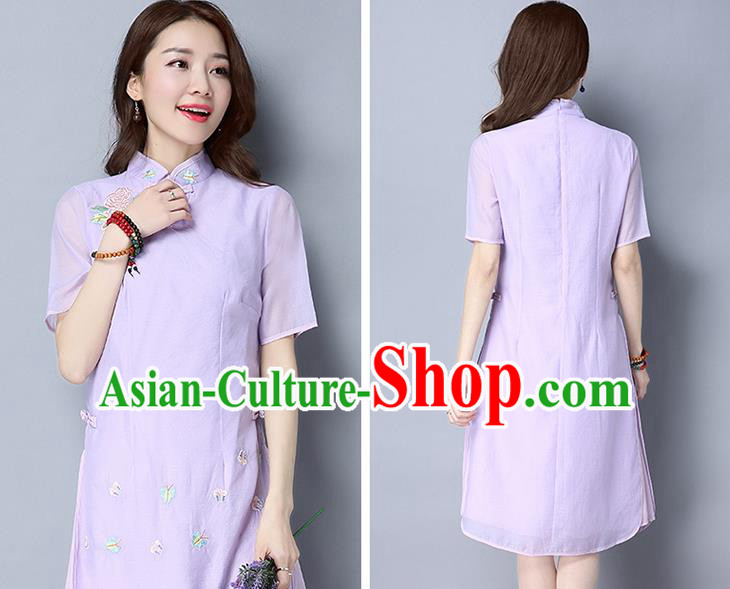 Traditional Ancient Chinese National Costume, Elegant Hanfu Mandarin Qipao Embroidery Stand Collar Purple Dress, China Tang Suit Chirpaur Republic of China Cheongsam Upper Outer Garment Elegant Dress Clothing for Women