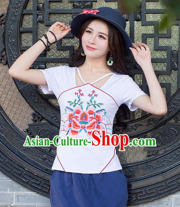 Traditional Chinese National Costume, Elegant Hanfu Embroidery Flowers Condole Belt Chinese-Style Chest Covering White T-Shirt, China Tang Suit Republic of China Plated Buttons Blouse Cheongsam Upper Outer Garment Qipao Shirts Clothing for Women