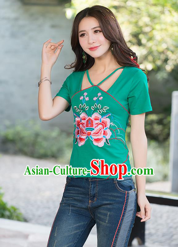 Traditional Chinese National Costume, Elegant Hanfu Embroidery Flowers Condole Belt Chinese-Style Chest Covering Green T-Shirt, China Tang Suit Republic of China Plated Buttons Blouse Cheongsam Upper Outer Garment Qipao Shirts Clothing for Women