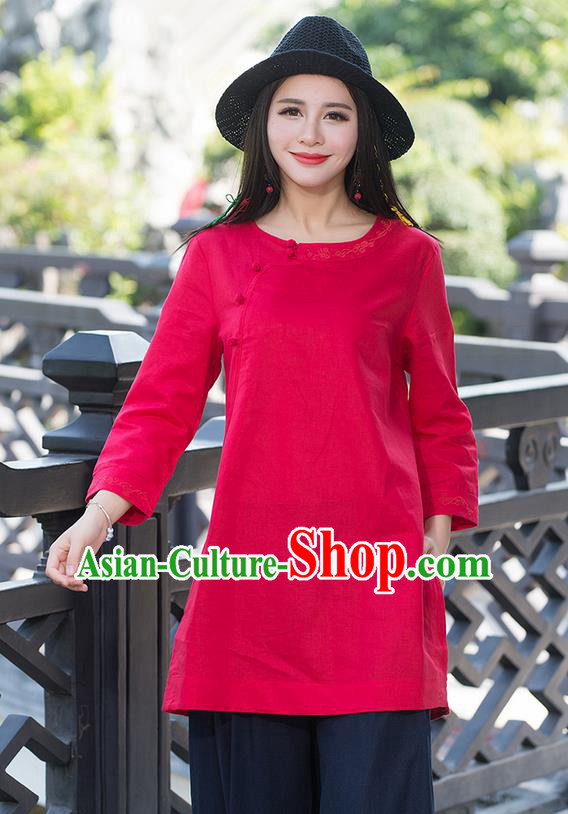 Traditional Chinese National Costume, Elegant Hanfu Embroidery Slant Opening Long Red Shirt, China Tang Suit Republic of China Plated Buttons Blouse Cheongsam Upper Outer Garment Qipao Shirts Clothing for Women