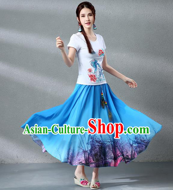 Traditional Ancient Chinese National Pleated Skirt Costume, Elegant Hanfu Chiffon Peacock Feathers Painting Blue Dress, China Tang Dynasty Big Swing Bust Skirt for Women