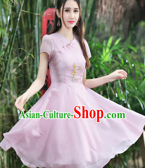 Traditional Ancient Chinese National Costume, Elegant Hanfu Mandarin Qipao Embroidery Pink Dress, China Tang Suit Chirpaur Republic of China Cheongsam Upper Outer Garment Elegant Dress Clothing for Women
