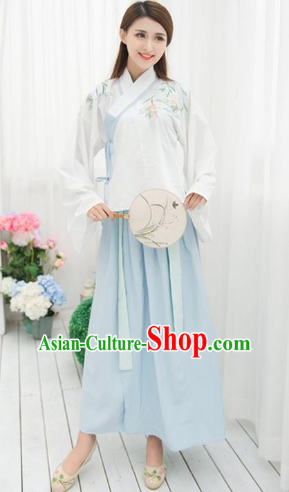 Traditional Ancient Chinese Costume, Elegant Hanfu Clothing Embroidered Slant Opening Blouse and Dress, China Ming Dynasty Princess Elegant Sleeve Placket Blouse and Skirt Complete Set for Women
