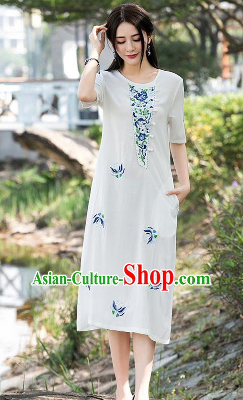 Traditional Ancient Chinese National Costume, Elegant Hanfu Mandarin Qipao Linen Embroidery White Dress, China Tang Suit Upper Outer Garment Elegant Dress Clothing for Women