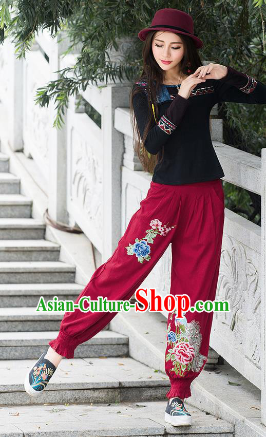 Traditional Chinese National Costume Plus Fours, Elegant Hanfu Patch Embroidery Peony Red Bloomers, China Ethnic Minorities Folk Dance Tang Suit Pantalettes for Women